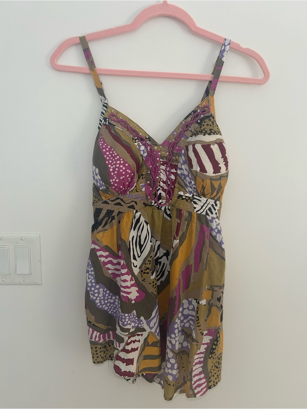 Y2K Boho Lace Up Cami Tank Top Medium 100% Cotton Animal Abstract Print